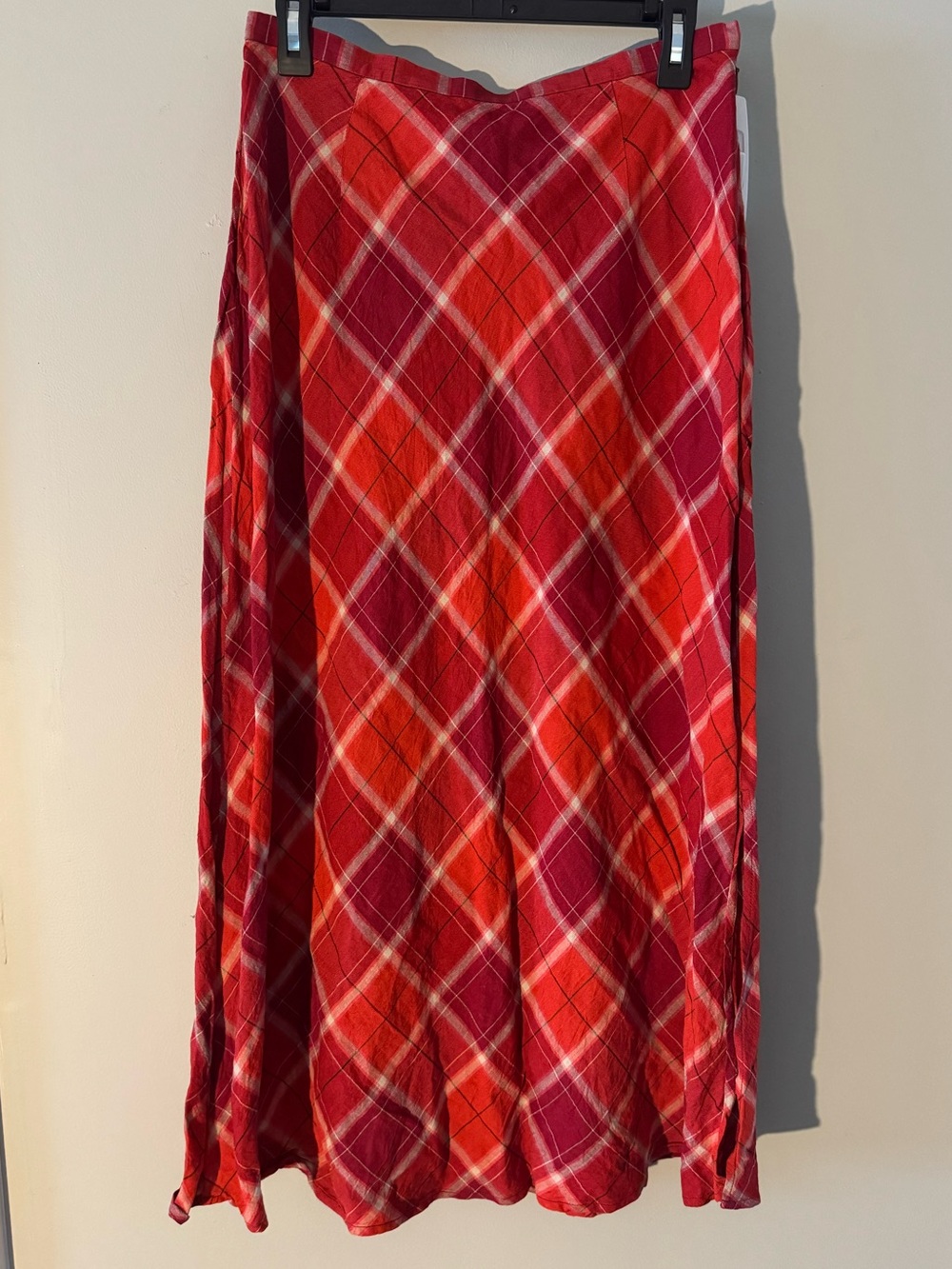 Eddie Bauer Vintage 90s Plaid A-Line Linen Blend Midi Skirt Side Slit - Size 10